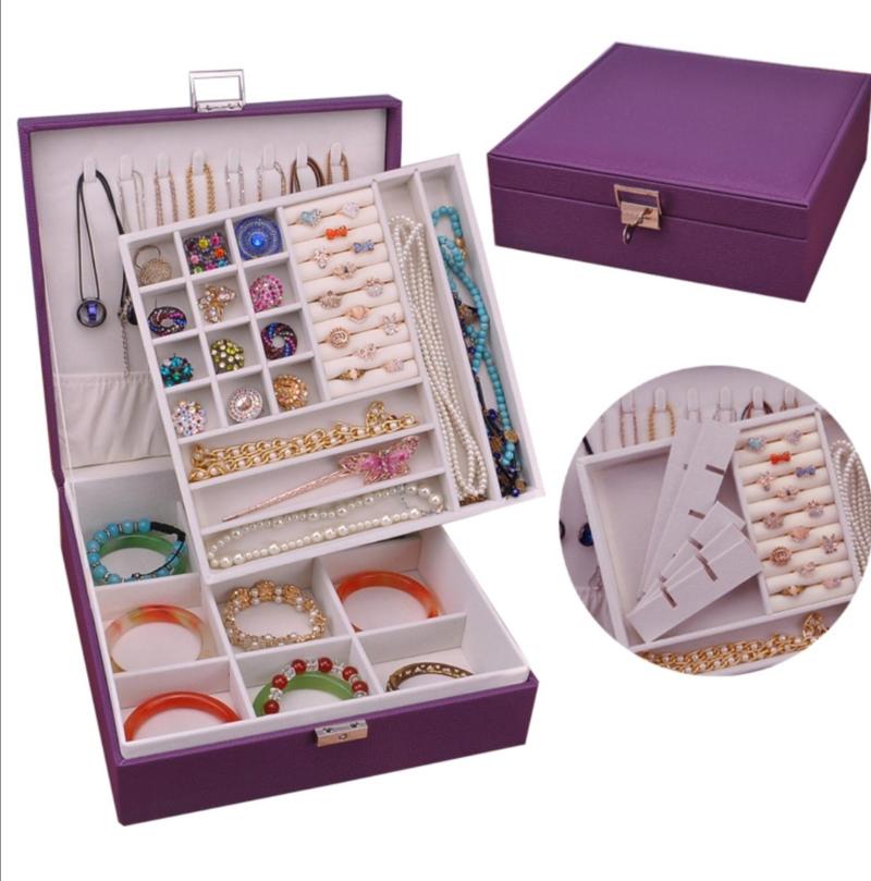 

Jewelry Pouches, Bags Double Layers Large Space Box With Lock Leather Storage Ring Necklace Holder