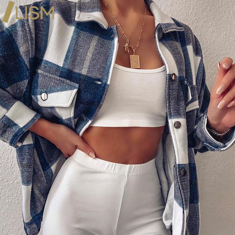 

LISM Vintage Long Sleeve Women Blouse Casual Plaid Blouse Turn Down Collar Office Ladies Shirt Pockets Winter Tops Streetwear, Red