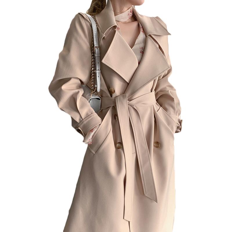 

2021 Fashion Khaki Windbreaker Women' Spring Autumn Mid-length British Style Over-the-knee Casual Trench Coats 102A