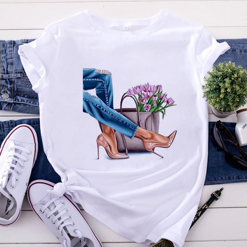 

White T Shirt Women Tops Fashion High Heel Shoes Printed Tshirt 2021 Woman T-Shirts Summer Short Sleeve Tee Shirt Femme clothing, Yh-1859