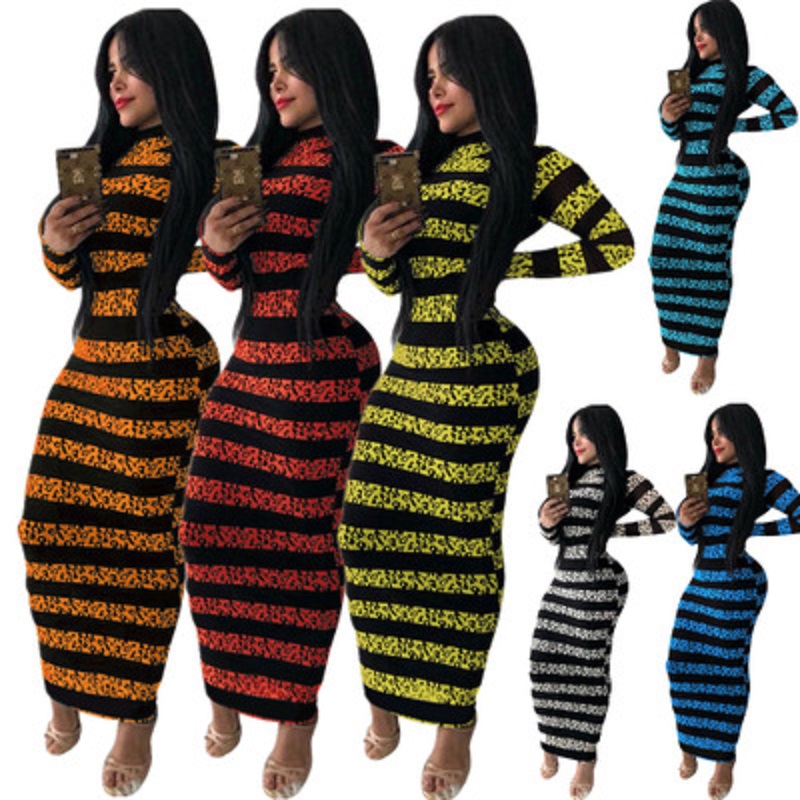 

2021 Spring New Dress Womens Fashion Long Style Casual Dress Womens Stripe Leopard Print Trendy Dresses Hot Selling Streetwear, Yellow
