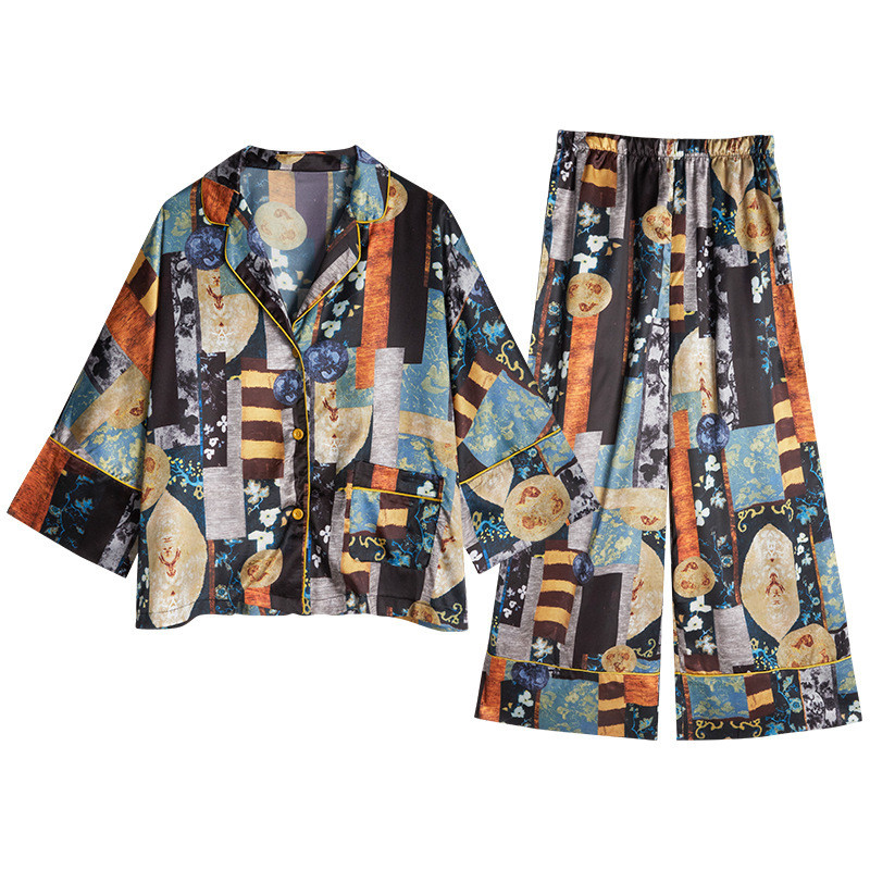 

Vintage Patchwork Women Pajamas Set Luxury Cardigan Pattern Lady Sleepwear Retro Printed Female Two Piece Home Clothing, As pic
