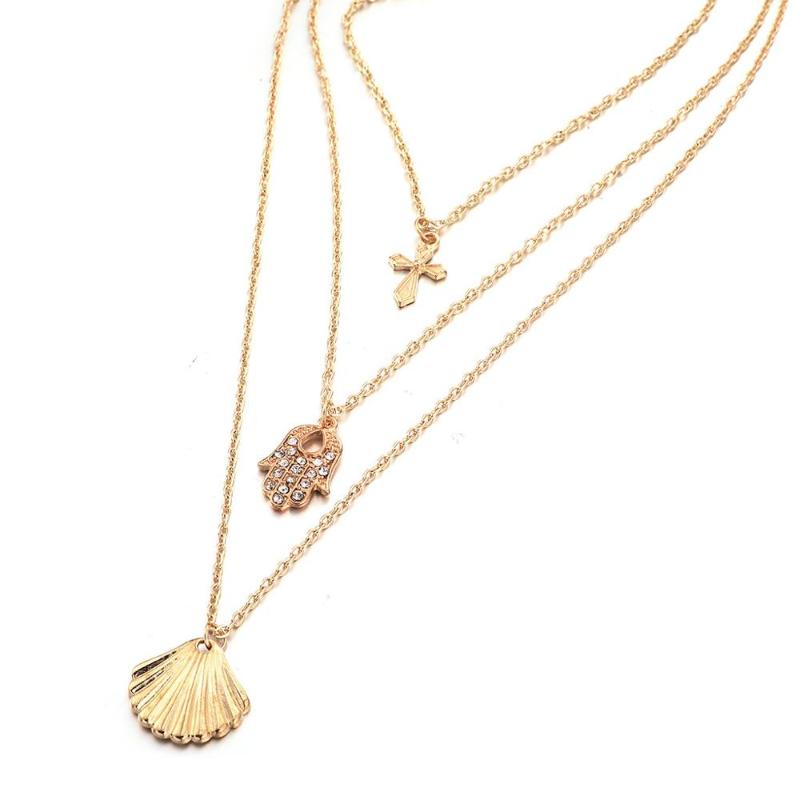 

Vintage Summer Sea Shell Fatima Palm Hand Cross Pendant Necklace For Women Multi Layer Gold Color Choker Necklace Jewelry