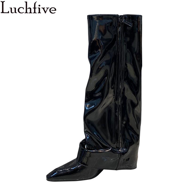 

Sexy Pointy Toe Women's Boots Wedges Heels Party Shoes Runway Knee High Boots Side Zipper Black Shoes Woman