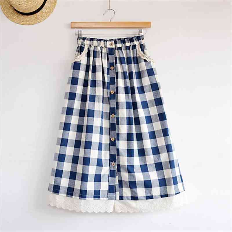 

japanese style mori girl long midi skirt women kawaii lace patchwork a-line button plaid skirts high waist jupe femme, Black