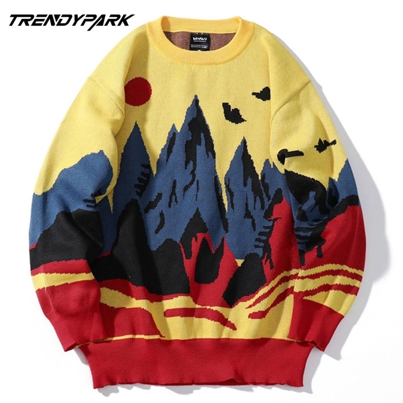 

Winter Knitwear Mens Sweaters Harajuku Hip Hop Landscape Painting Fashion Casual Male Pullovers Outwear Streetwear Jumper 201117, Yellow