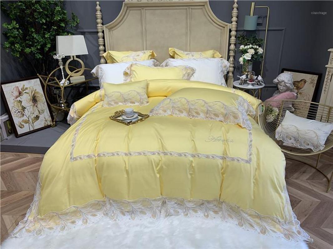

42 Feather Lace Edge Princess Duvet Cover Set Queen King size 4/7 Pcs Egyptian Cotton Bedding Set Bed sheet Pillow case1, Color 2
