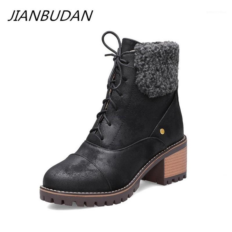 

JIANBUDAN fashionable High heel Motorcycle boots Women's autumn ankle boots High quality pu leather winter plush warm snow1, Beige
