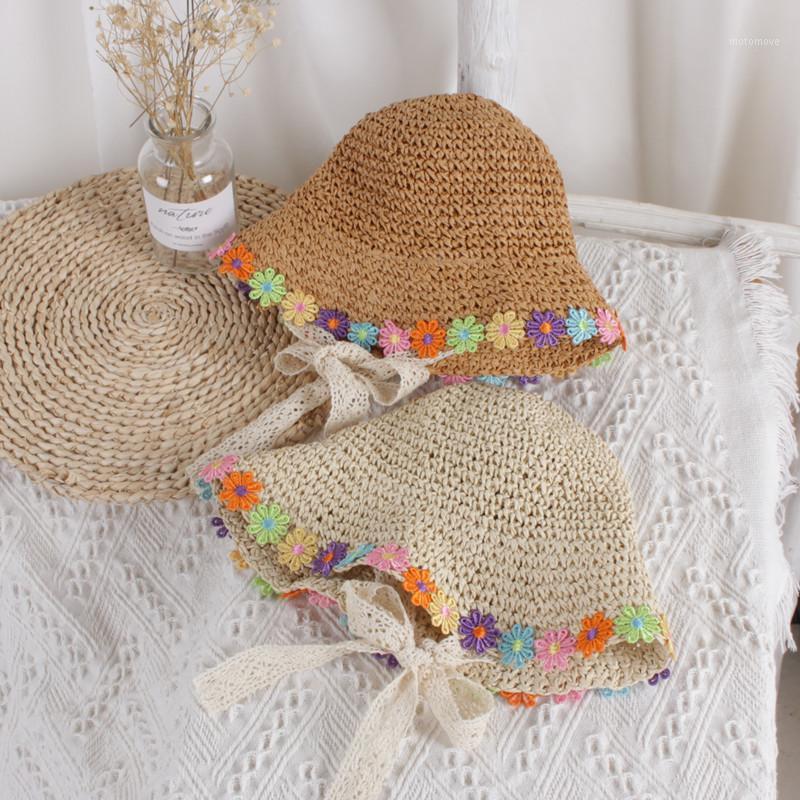 

Summer New Children's Sun Hat Bucket Cap Beige Lace Bowknot Flowers Ribbon Flat Top Straw Hat Beach Caps Panama1