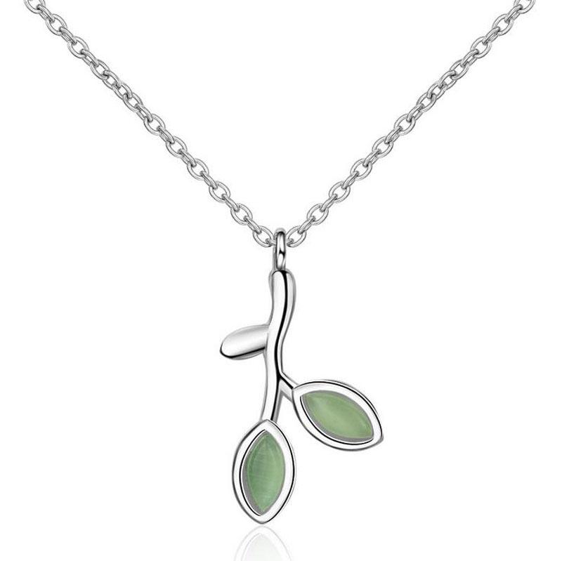 

Fashion 925 Silver Green Opal Cute Leaf Plant Pendant Necklace For Girls Women Simple Clavicle Necklace Korea Jewelry NZ343