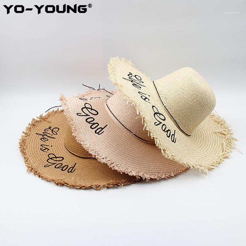 

Yo-Young Women Shade Sun Hats Beach Hat Casual Summer Ladies Hat Letters Life Is Good Embroidery Large Brim Straw 56-58 cm1