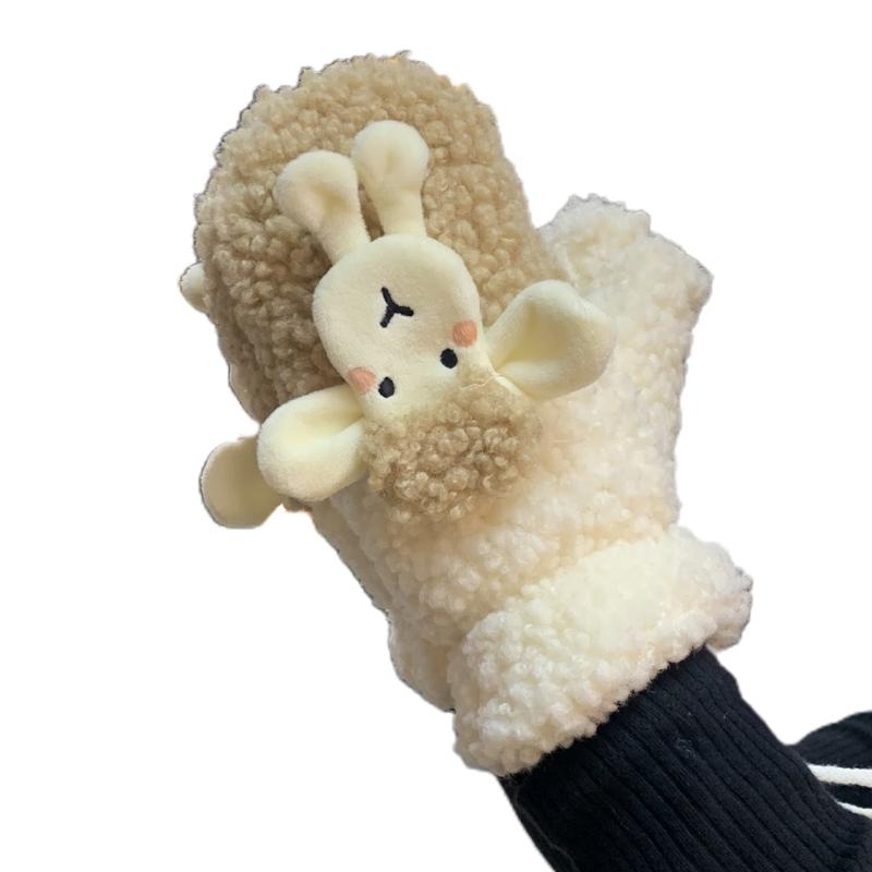 

Winter Faux Fleece Gloves Cartoon Sheep Animal Plush Lined Mittens with String 449F
