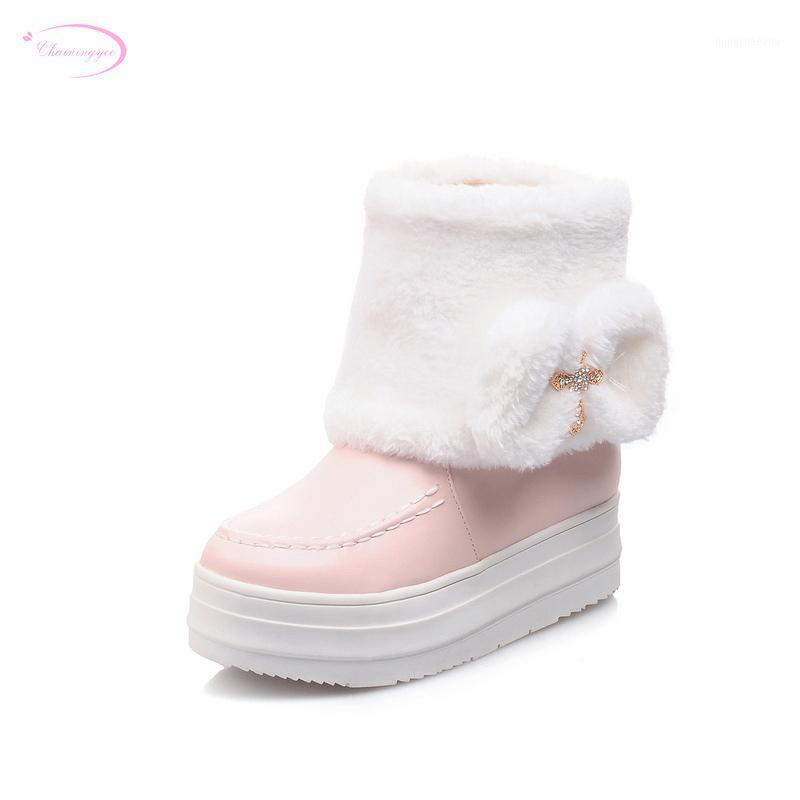 

Chainingyee sweet comfortable ankle boots metal diamond round toe bowknot adornment med heels snow boots women big size1, Pink