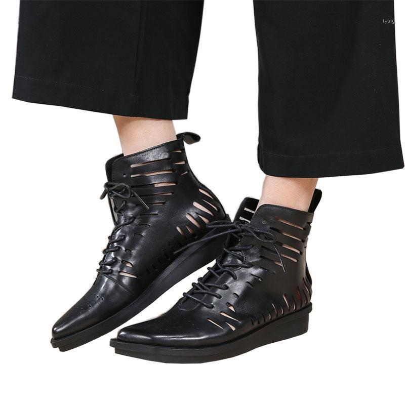 

2020 VALLU Summer Women Boots Flat Platform Genuine Leather Lace Up Hollow Out Black Plus Size Ankle Boots Ladies Sandals1