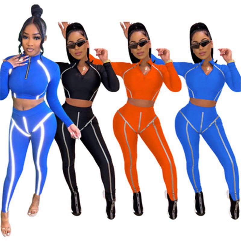 

Women Panelled Reflective Sets Fashion Trend Long Sleeve Zipper V-Neck Tops Trousers Suits Designer Female Autumn Elastic Waist Tracksuits, Blue