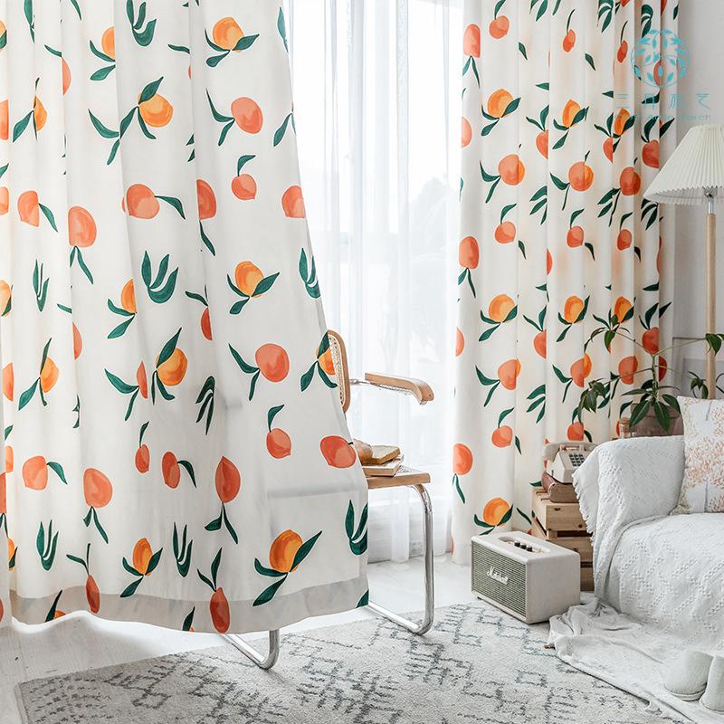 

Nordic Style Curtains for Living Dining Room Bedroom Small Fresh Plant Hand-painted Fruit Curtains Ins Peach, White tulle