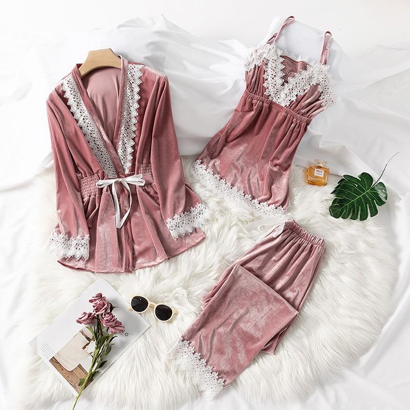 

3PCS Sleepwear Kimono Bathrobe Gown Autumn Winter New Women Pajamas Suit Velour Nightwear Pyjamas Soft Nightgown Homewear, B-black