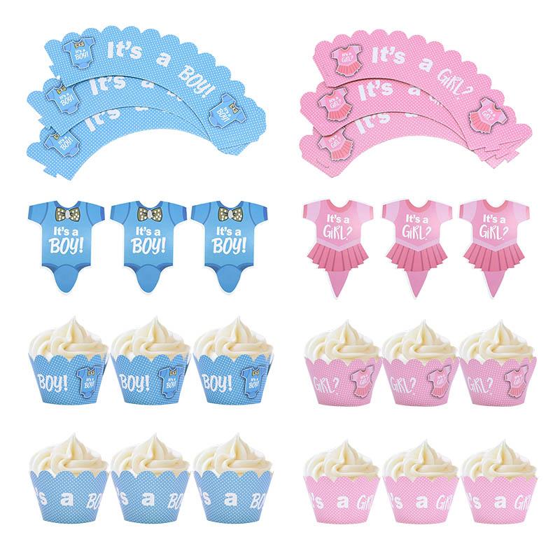 

12pcs/set It's A Boy Or Girl Cake Topper Set Cupcake Wrapper Birthday Party Cake Decor Baby Shower Gender Reveal Party Supplies