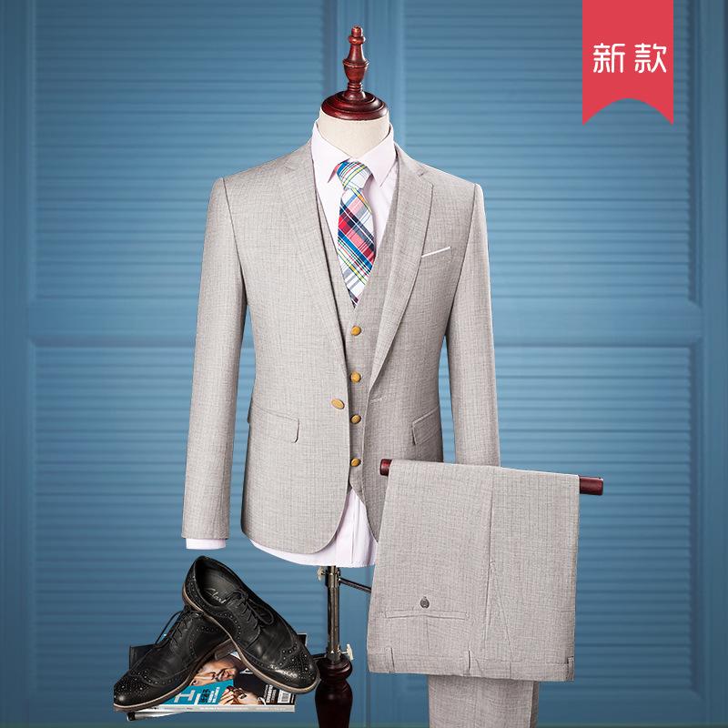 

2020 men flax comfortable striped suit three-piece suit Cultivate one' morality business casual dress wedding dress, Gray