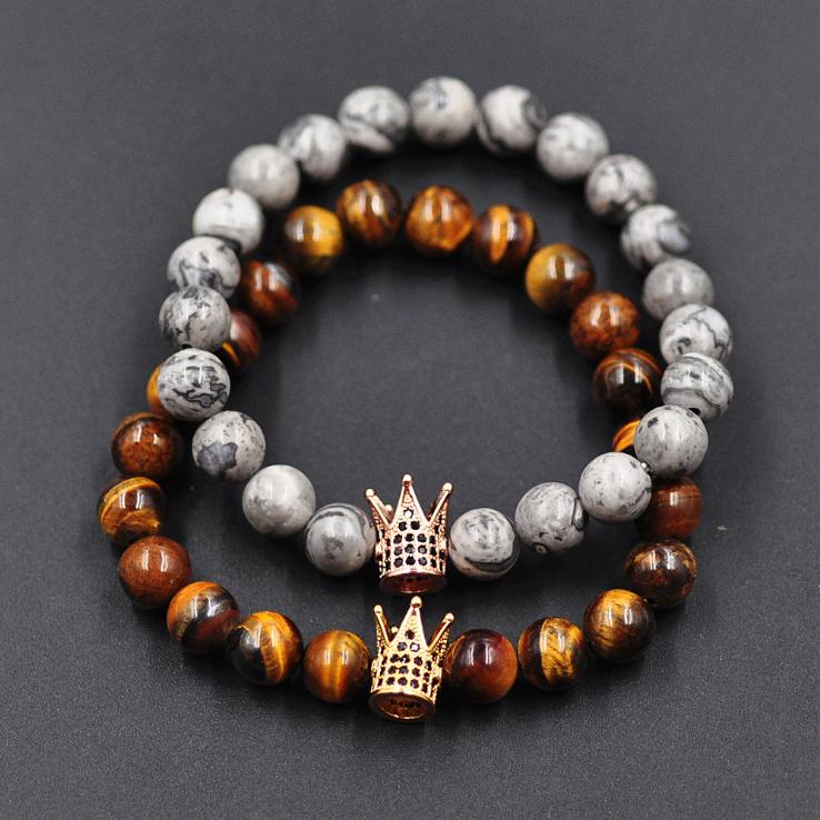 

Tiger Eye Natural Stone Fashion Crown Elasticity Bracelets & Bangles Couple Gifts Frosted Beads Bangles Lovers Jewelry