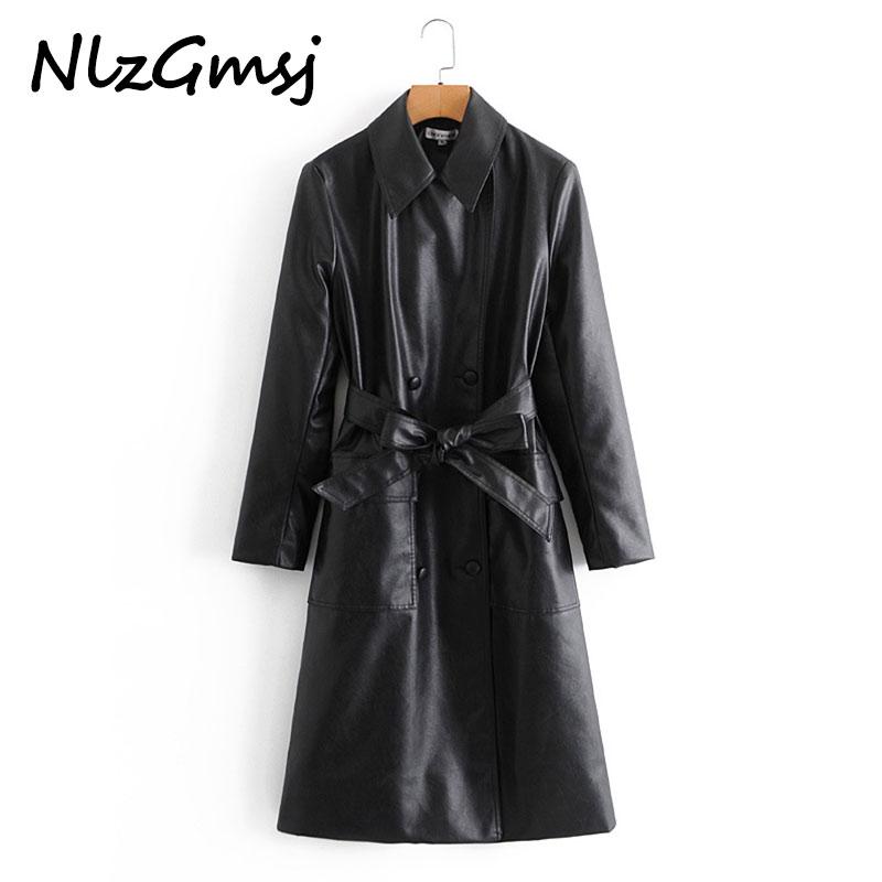 

Nlzgmsj Casual Double Breasted Trench Women Fashion PU Leather Trench Coats Women Elegant Tie Belt Waist Female Ladies, As picture
