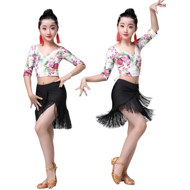 

Tassle Latin Dance Dress for Girls Kids Print Dance Tops with Latin Skirt Performance Competition Standard Kid Princess Costumes, White