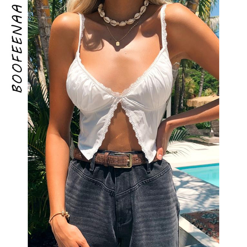 

BOOFEENAA White Lace Sexy Crop Tops Summer 2020 Spaghetti Strap Backless Cute Tank Tops for Women Clothes Cami C76-H01 Y200701