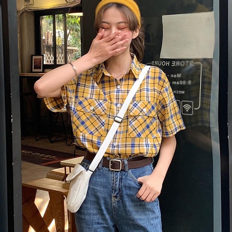 

O 2021 Summer Casual Loose Checked V-Neck Short-Sleeved Shirts, Yc1714z