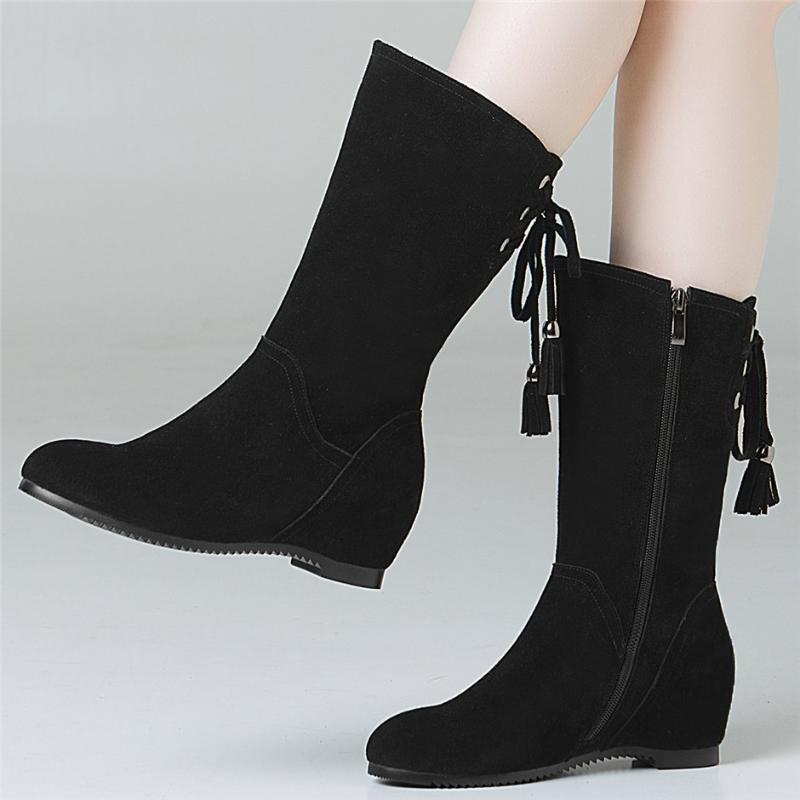 

High Top Fringes Shoes Oxfords Shoes Women Genuine Leather Wedges High Heel Ankle Boots Female Round Toe Platform Pumps, Black