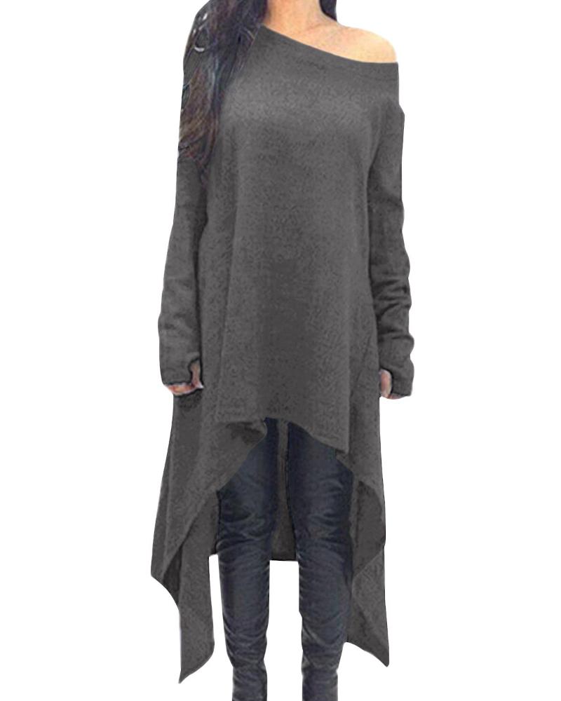 

Spring Asymmetrical Hem Dress Women 2020 Autumn Casual Loose Long Sleeve Solid Sexy Off Shoulder Vestidos O-Neck Mid-calf Dress, Black