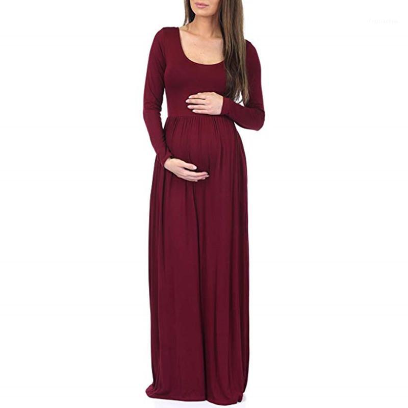 

autumn maternity dresses full sleeve pure color red black o-neck pregnancy dress for photo shoot ankle-length women clothes1