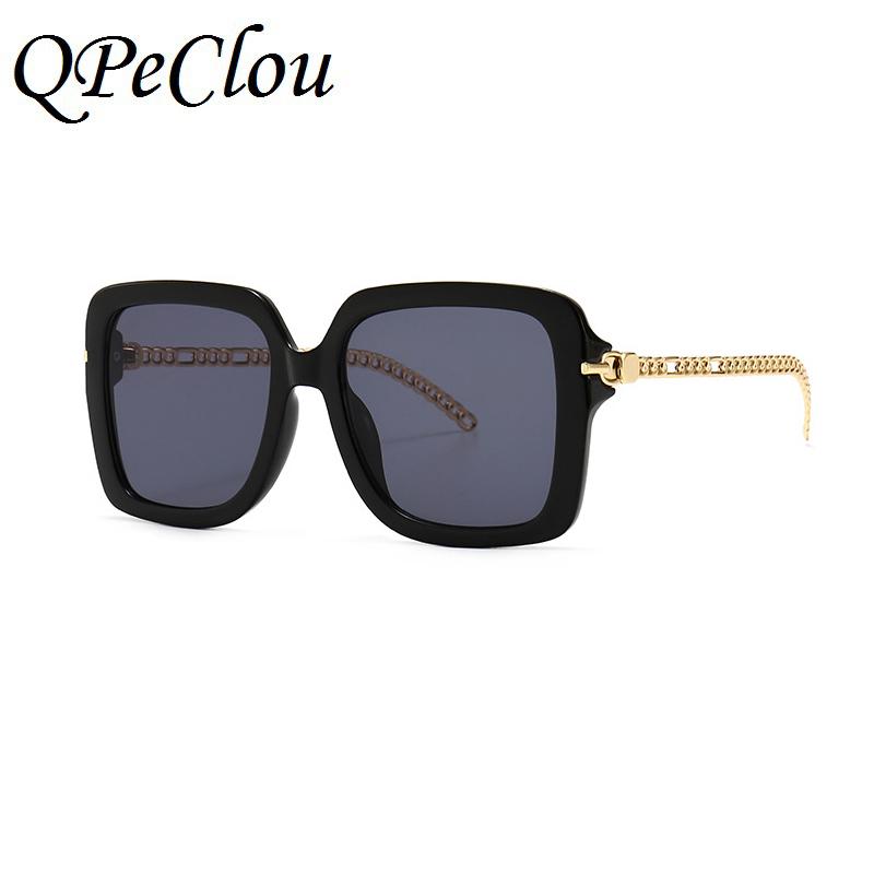 

QPeClou 2021 New Vintage Metal Chain Sunglasses Women Fashion Modern Square Sun Glasses Female Big Frame Gray Shades
