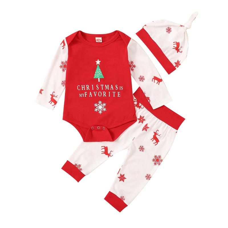 

2020 XMAS 3-24M Infant Baby Girl Boy Clothing Letter Print Long Sleeve Romper Top+Deer Long Pants+Hat 3pcs Set, As pic