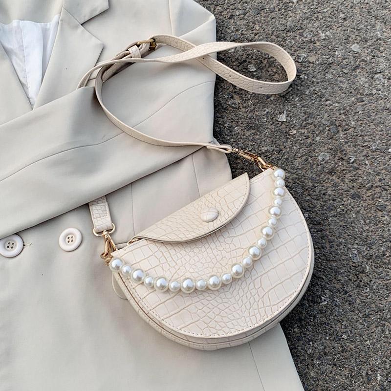 

New Pearl Saddle Totes Women Shoulder Crossbody Bags 2021 Brand Design Female Purses Handbag Ladies Messenger Bags High Quality, Black