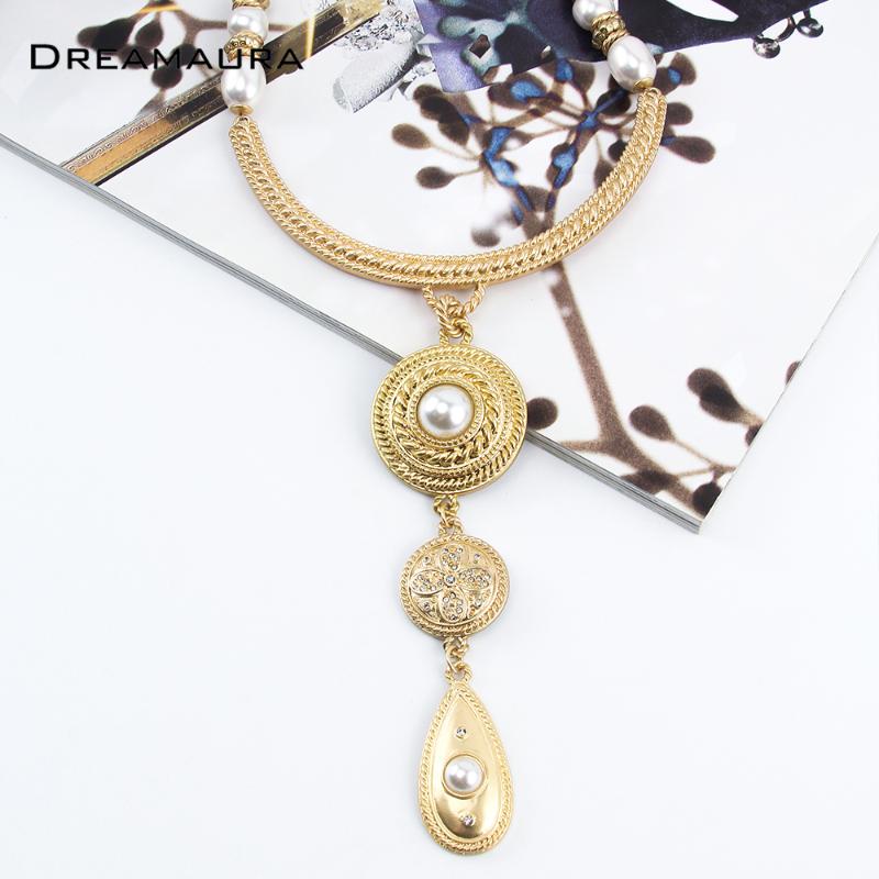 

Ethnic Style Long Pendant Chunky Wide Choker Necklaces For Women Pearl Alloy Heavy Necklace Vintage Gold Plated Jewelry