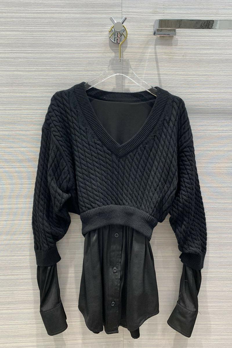 

Fake Two Pieces Women Knit Sweater Shirt Stitching Black Twisted V-neck Long Sleeve Ladies Casual Jumpers 2021 Spring, As pic