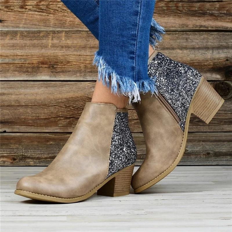 

2021 Woman Ankle Boots Ponited Toe Shoes Autumn Winter Patchwork Sequined Booties Square Heel Shoes For Woman Zapatos De Mujer1, Black