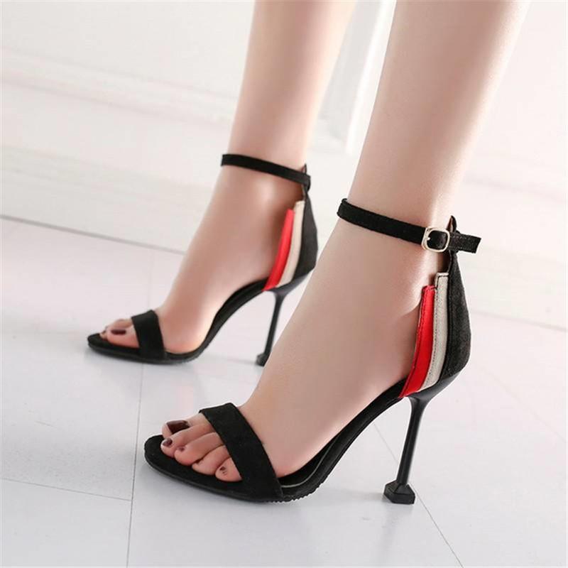 

Open toe Suede Thin Heels High Heels sandals women 2021 summer shoes woman Fashion Mixed Colors Ankle Strap Buckle Strap shoes1, Green 7cm