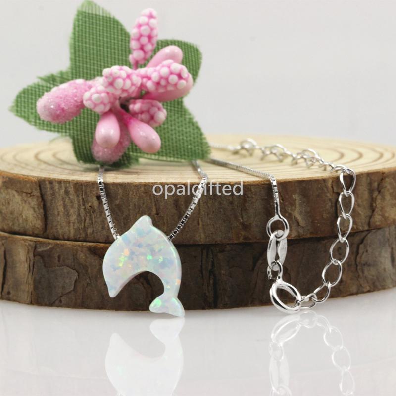

1pc/lot)10mm Dolphin Jewelry Hot Sale Synthetic OP17 White Dolphin Opal Necklace 925 Sterling Silver Box Chain Necklace