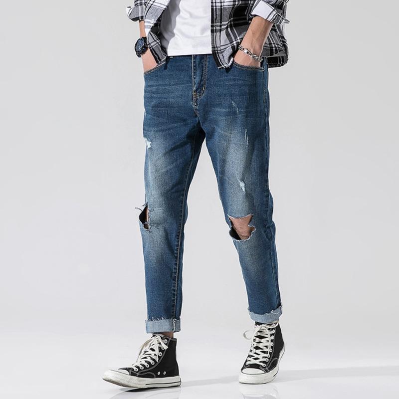 

Vogue Men's New Fashion Casual Denim Loose Straight Pants Hole Jeans Long Trouser, Sky blue