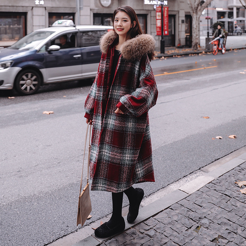 

2021 New Female Winter New Red Woolen Plaid Fleece Fashion Big Loose Collar Long Style Korean Leather Jacket Thicken Warm Coat F1 Xstd, Red lattice