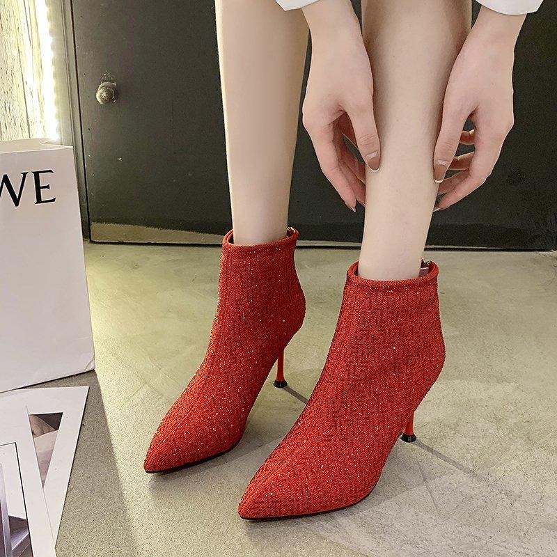 

Sequin Ankle Boots High Heels Women Shoes Stiletto Heel Short Boots Sexy Pointed Toe Women Party Shoes Botas De Mujer, Black