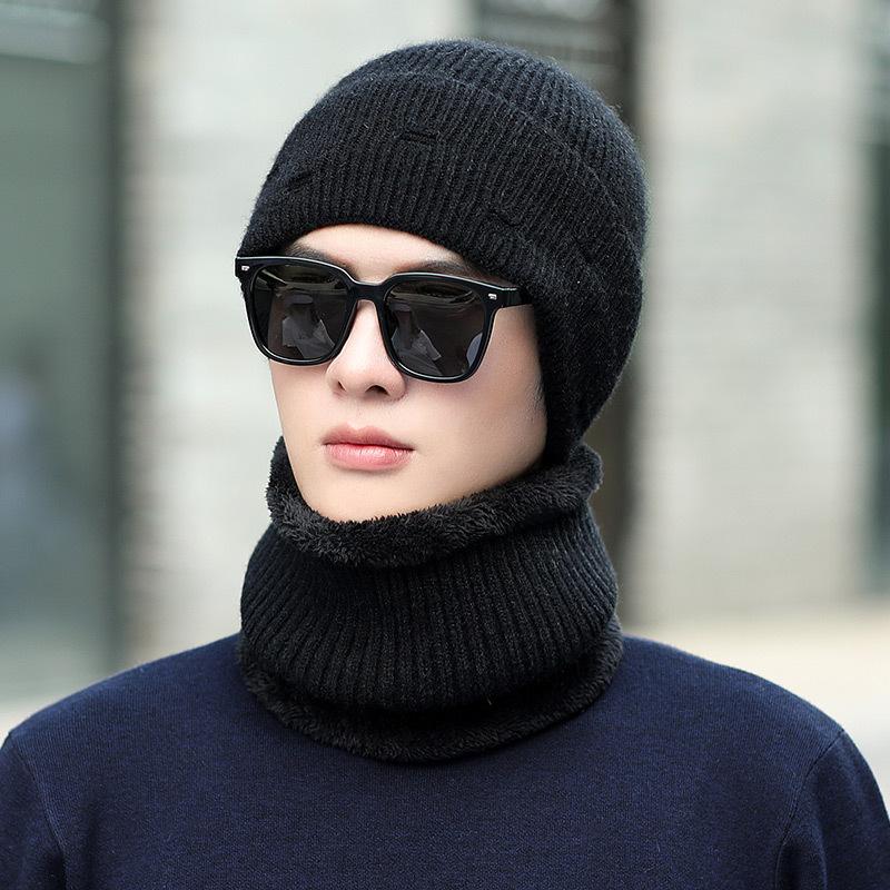 

Autumn Winter Male Hat Warm Knit Wool Beanies Scarf Suit Boy Cap Neck Collar Thick Plush Warm Men Hat Scarf 2 Pieces Set