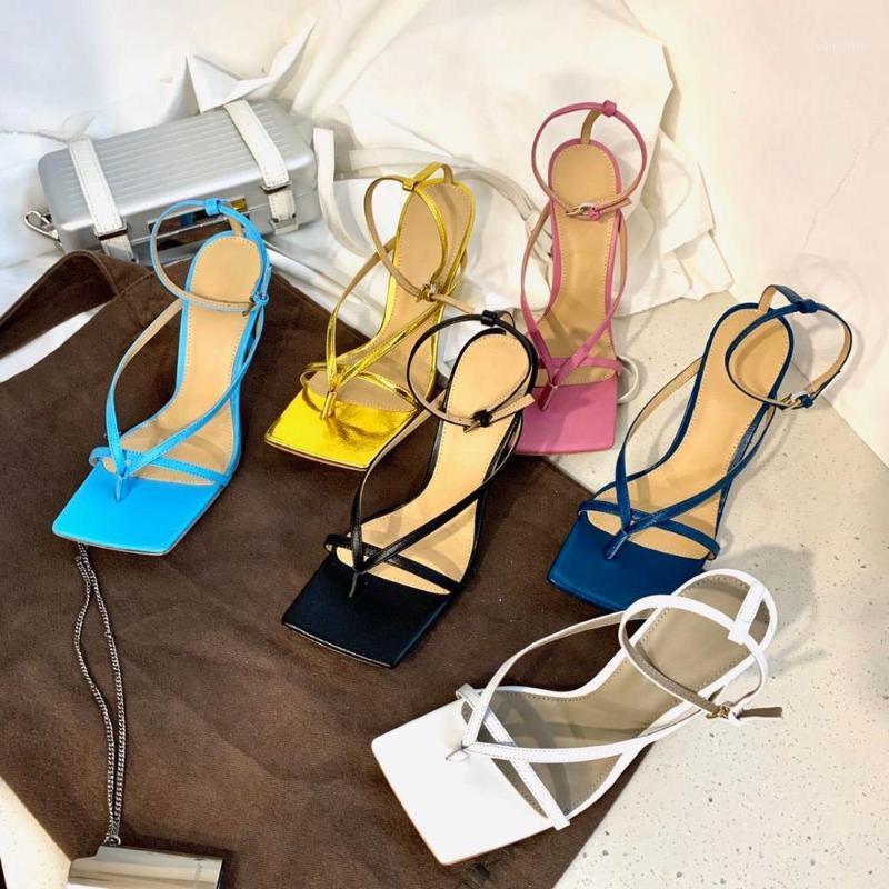 

Woman Sandals Buckle Strap High Heels Flip Flop Women Shoes Women Square Toe Genuine Leather Sandals Narrow Band Shoes Woman1, As pick