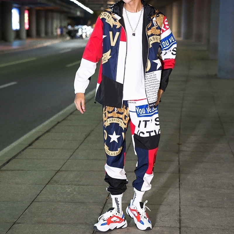 

Hip-hop Motion Suit Male Set Track Suits Sweatsuit Man Tracksuit Mens Set Pant Zipper Outwear 2PC Jacket+Pants Sets Spring 201201, Picture color