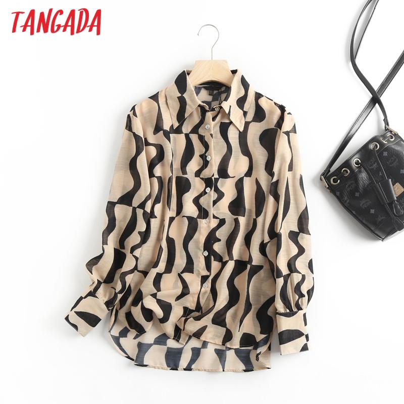 

Tangada 2020 Autumn women retro print blouse long sleeve chic female elegant loose shirt blusas femininas 6D33, Black