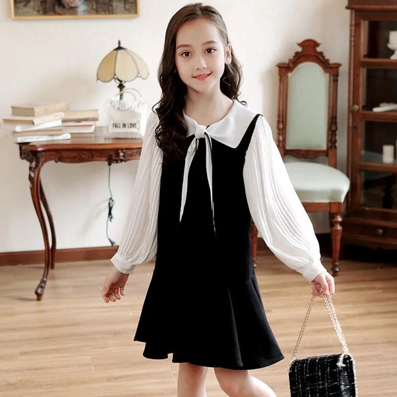 

Girl's Dresses Teenage Kids Preppy Style For Girls Long Sleeve Patchwork Black White Princess Dress Girl Summer Clothing 12 14 10 9 8, Red;yellow