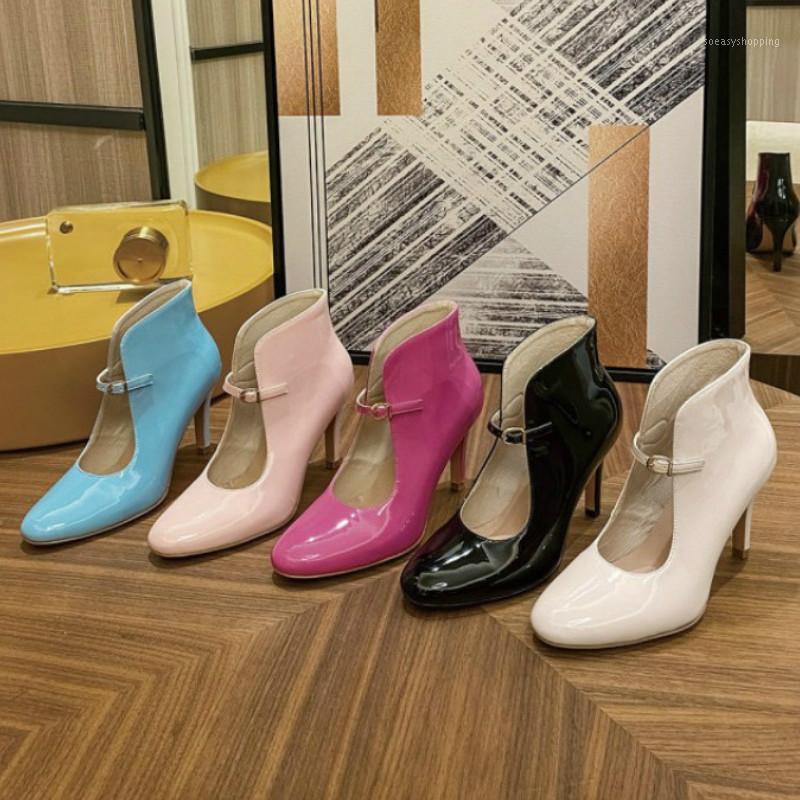 

Cut Out Women Ankle Boots Sweet Ankle Strap Patent Leather Pumps High Heels Ladies Pointed Toe Casual Dress Shoes1, Blue