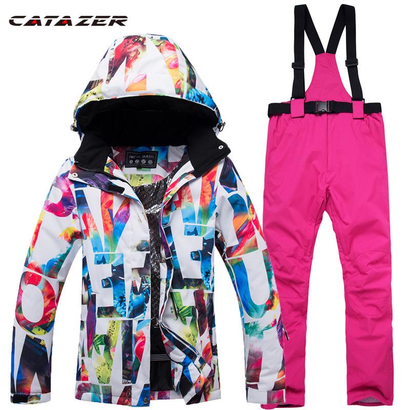 

Catazer New Thick Warm Ski Suit Women Waterproof Windproof Skiing and Snowboarding Jacket Pants Set Female Snow Outdoor Wear, Color 3