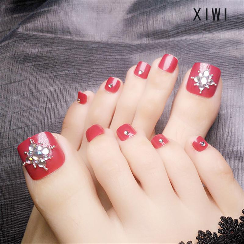 

New Style Foot False Mirror Meta With Diamond Fake Toes Nails With Glue Toe Art Tool For Foot Care 24 Pcs/Set, Burgundy